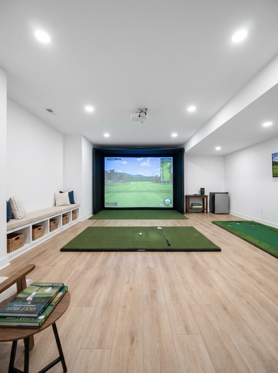 Bright clean basement golf simulator with white walls and luxury vinyl flooring
